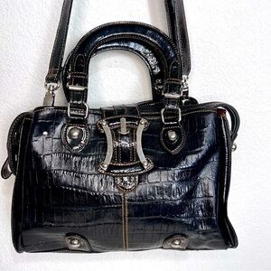 M.C. Handbags Black Croc Embossed Leather & Patent Triple Entry Handbag Satchel